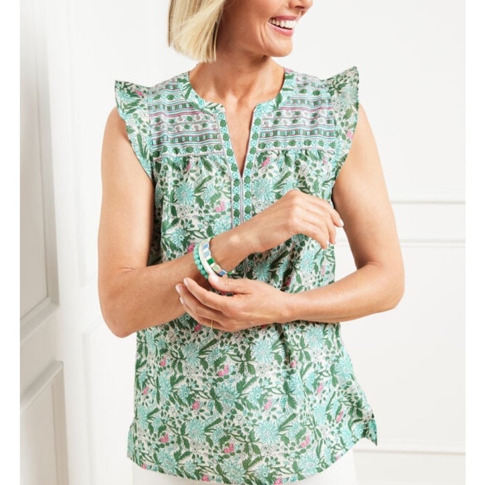 Talbots Primrose Border Shell Flutter Sleeve Blou… - image 1